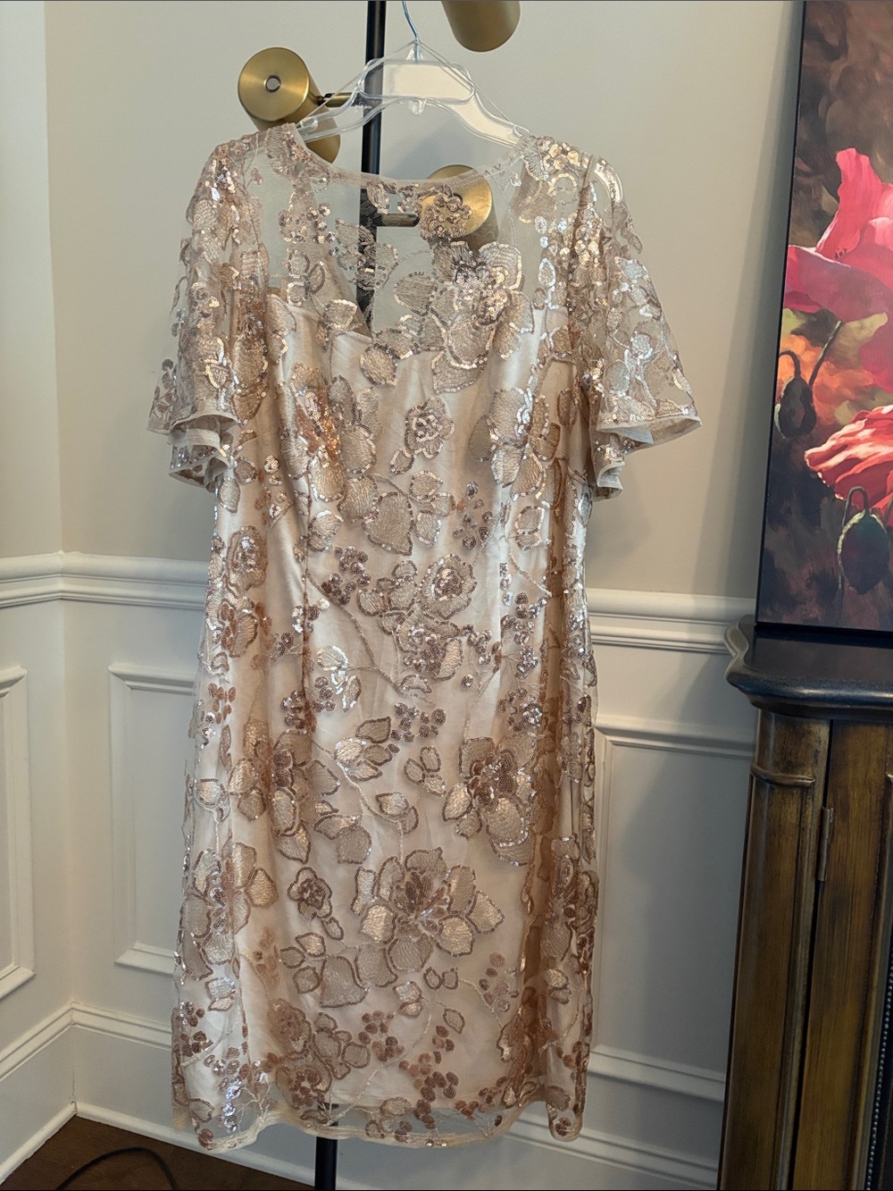 NWOT Adrianna Papell Rose Gold/ champagne Embellished Lace Midi Dress
